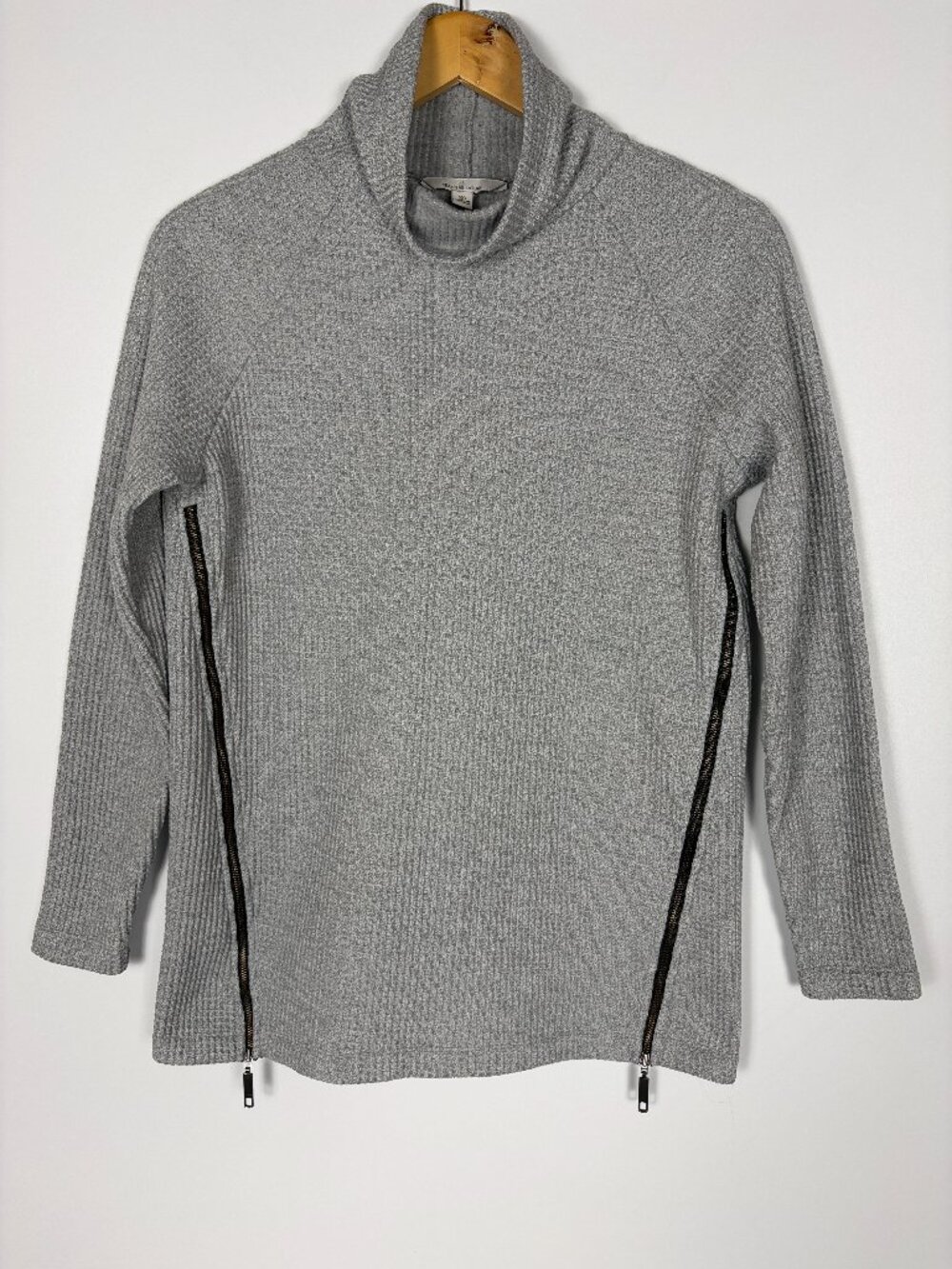 LL Bean Signature Sweater Womens XS Gray Waffle Knit Cowl Neck Side Zip Pullover